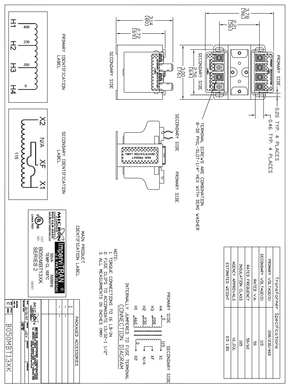 Micron Industries B050MBT13XK Specification Sheet