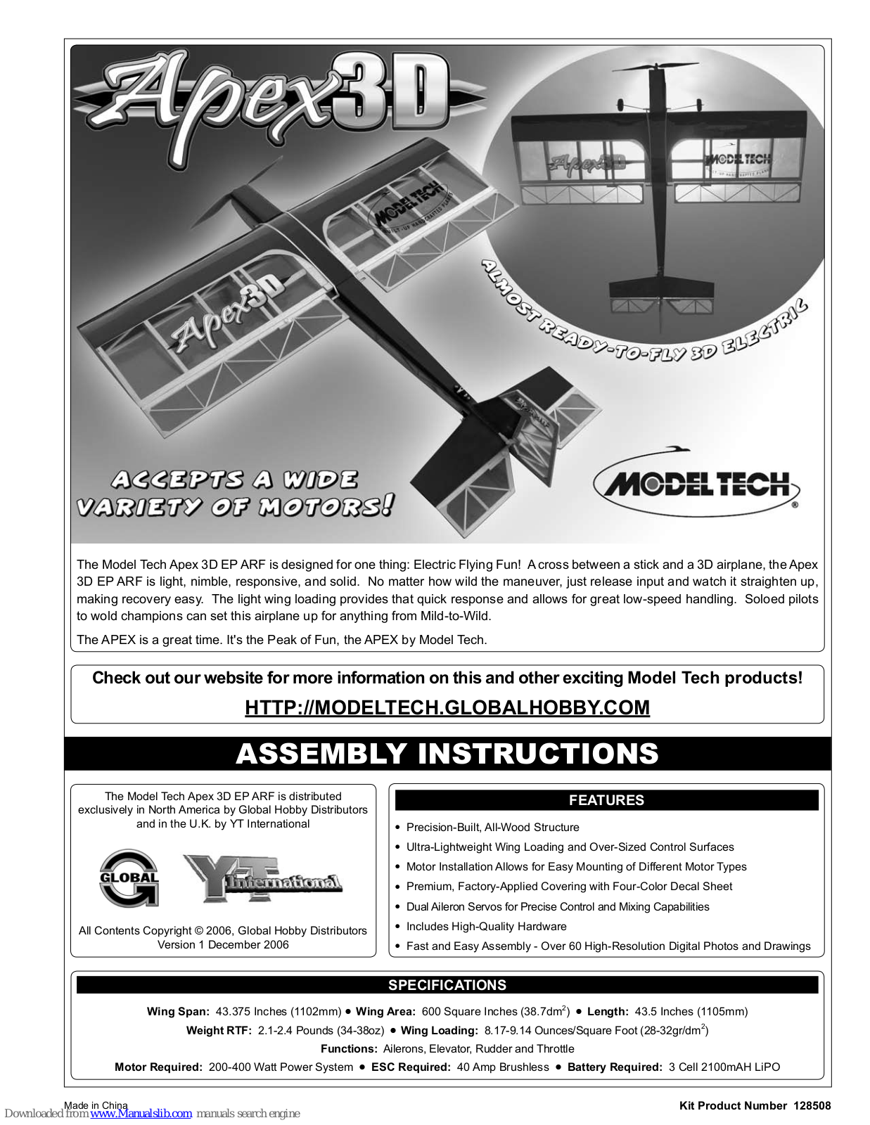 Model Technology Apex 3D EP ARF Assembly Instructions Manual