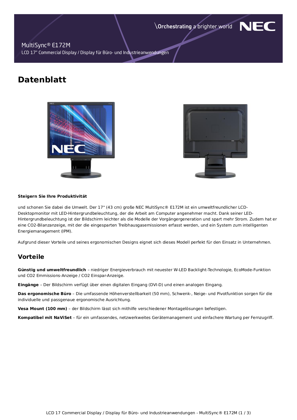 NEC E172M-BK Datenblatt