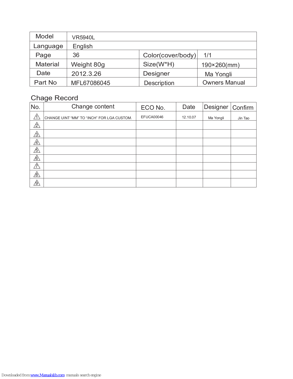 LG HOM-BOT LRV590S, VR5942L Owner's Manual