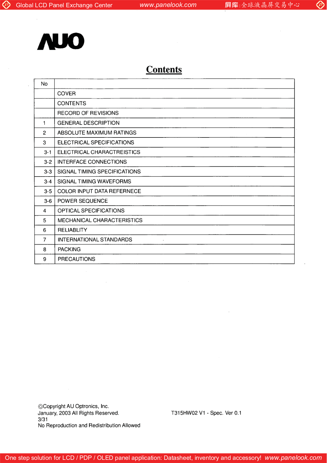 AUO T315HW02 V1 Specification