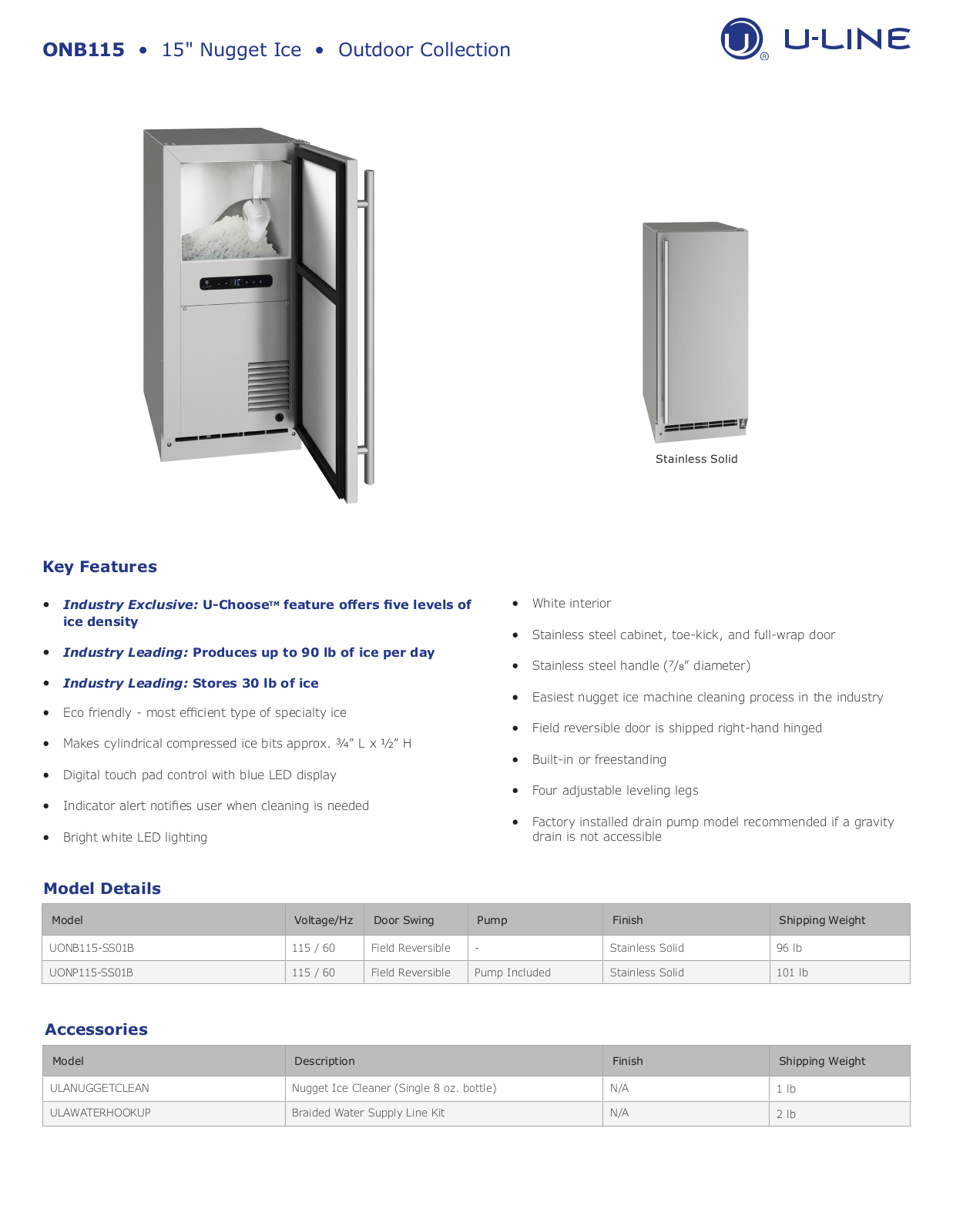 U-Line UONB115SS01B, UONP115SS01B PRODUCT SPECIFICATIONS