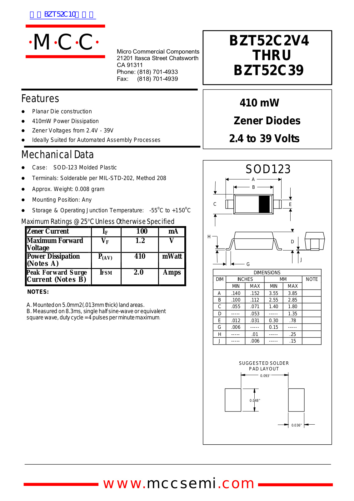 Micro Commercial Components BZT52C2V4, BZT52C39 Technical data