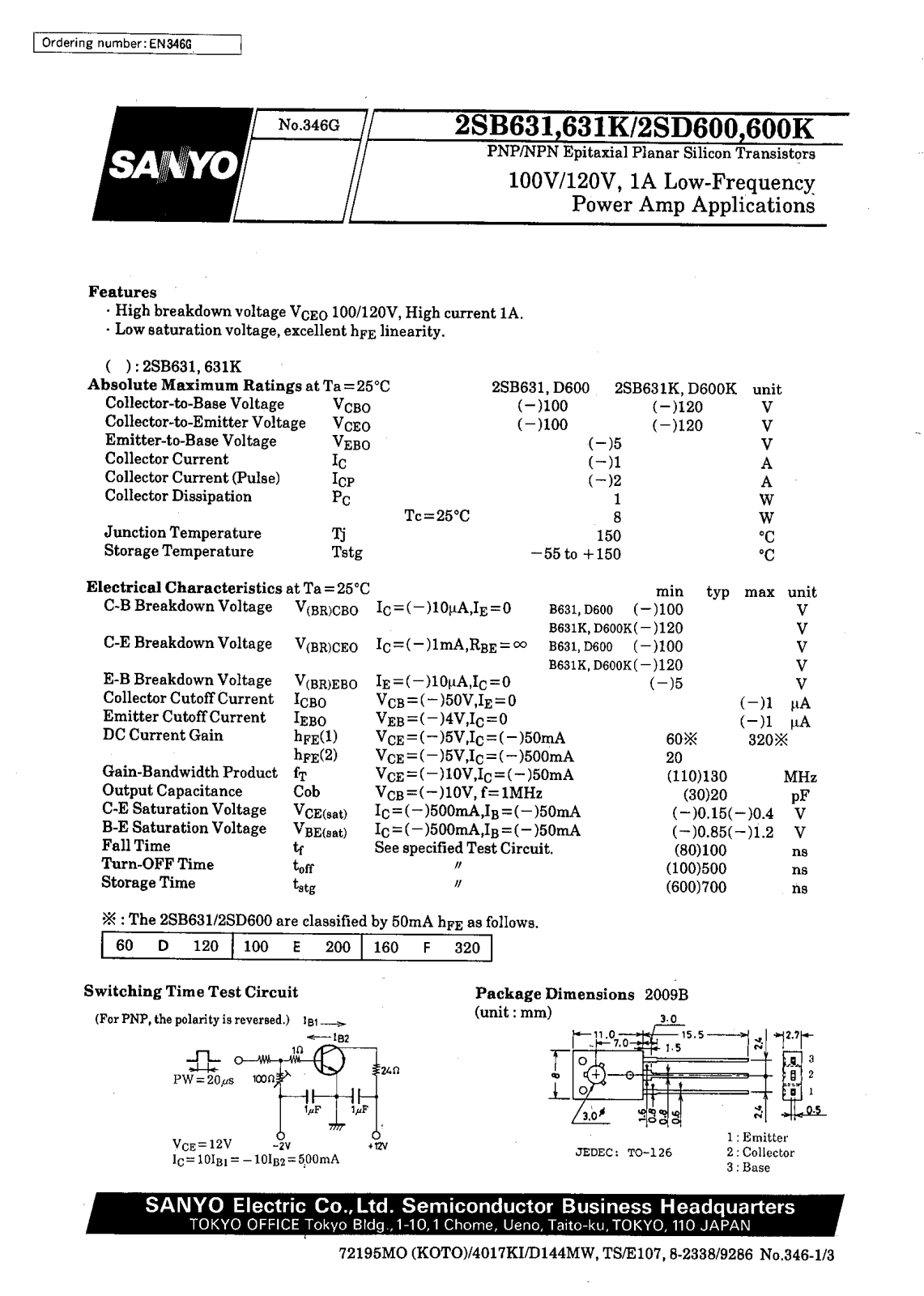 SANYO 2SD600K, 2SD600, 2SB631K, 2SB631 Datasheet