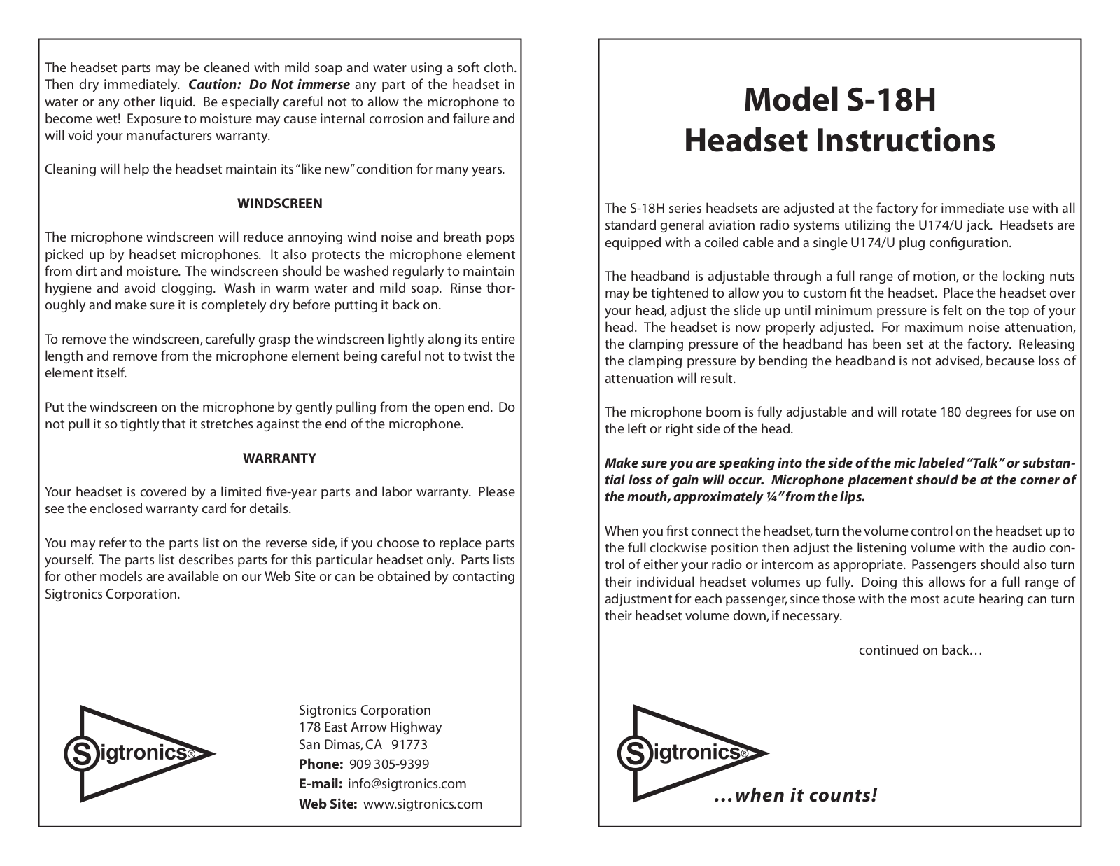 Sigtronics S-18H User Manual