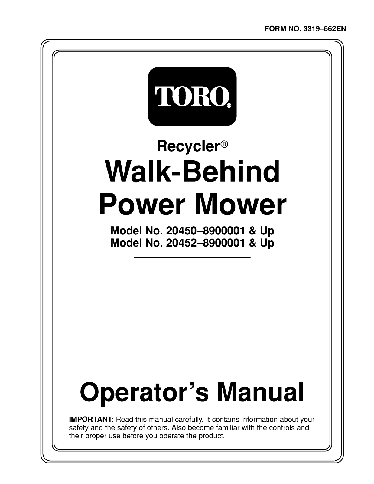 Toro 20450, 20452, 20487, 20489, 20787 Operator's Manual