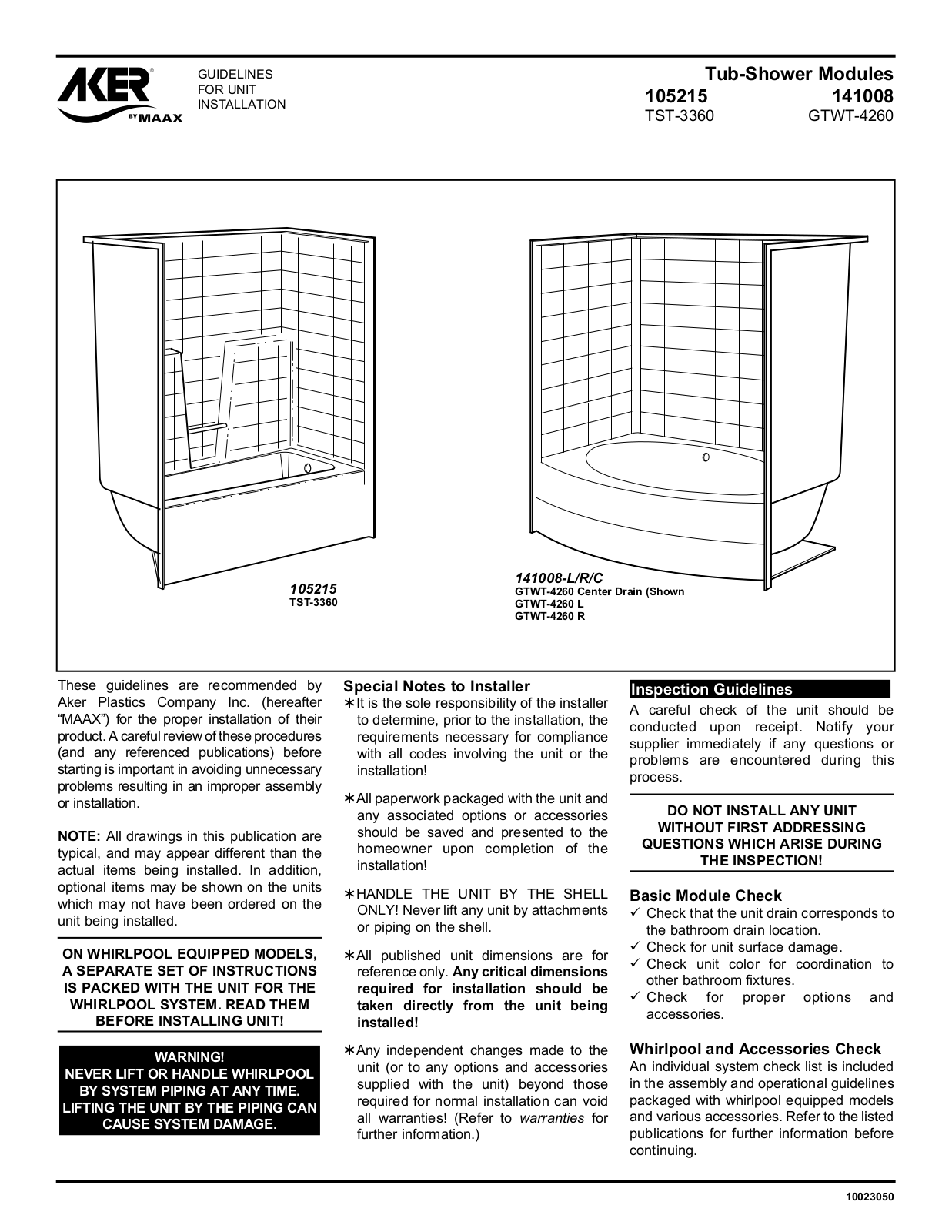 Aker Plastics 105215, 141008 Installation Manual