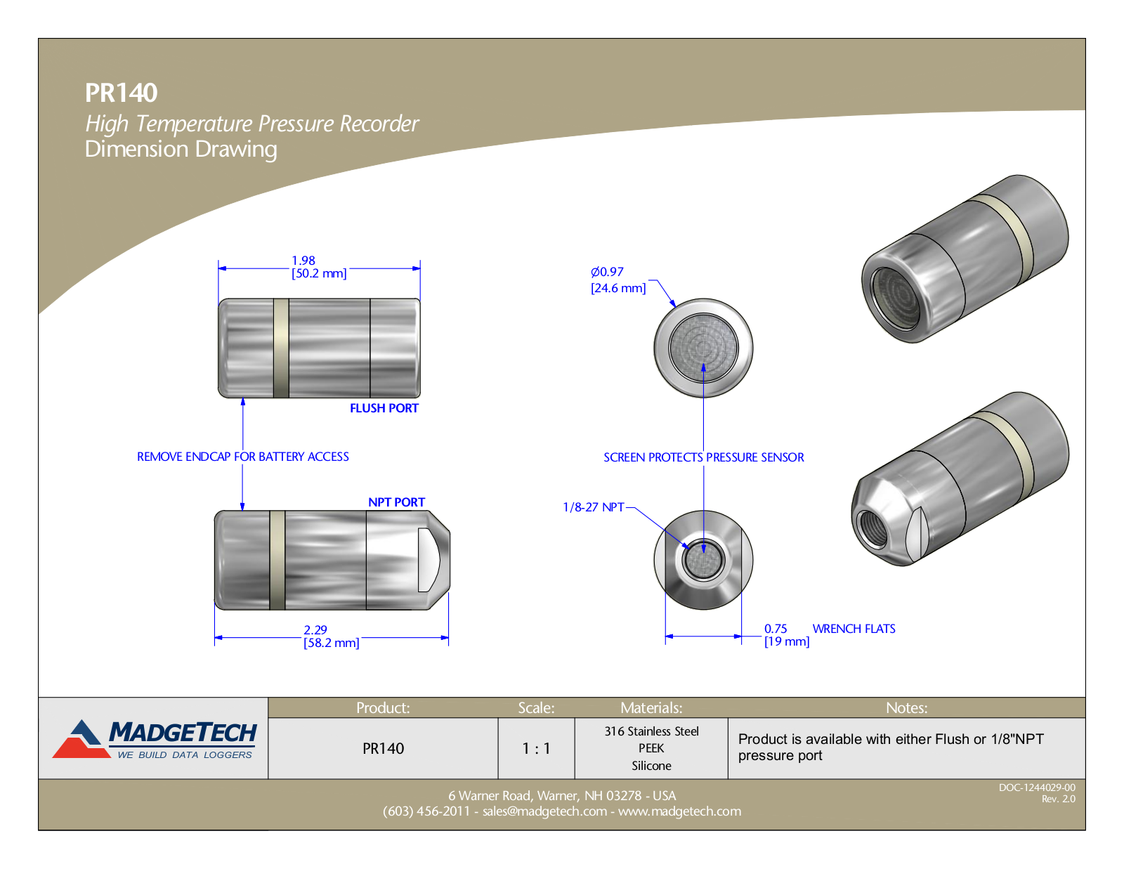 MadgeTech PR140 Dimensions