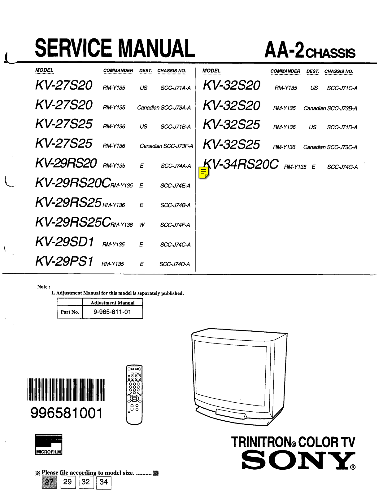 SONY KV-27S20, KV-27S25, KV-29RS20, KV-29RS20C, KV-29RS25 Service Manual