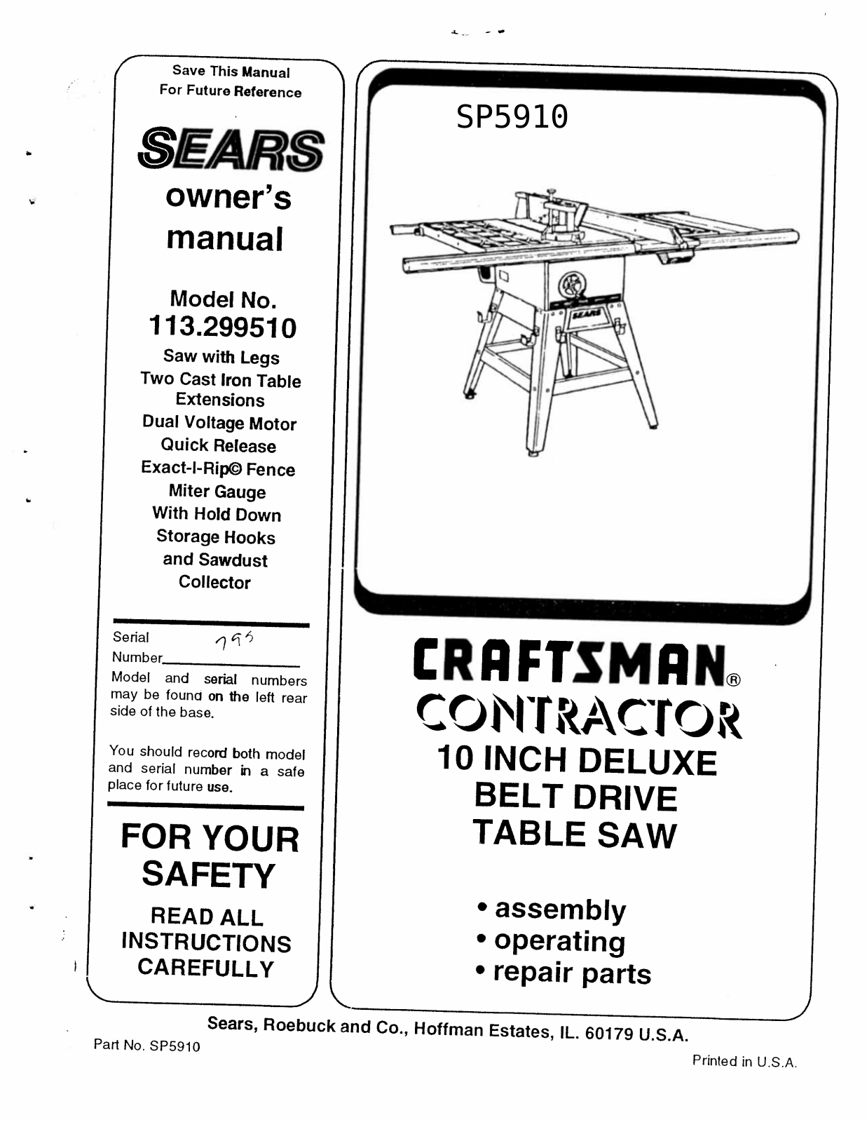 Craftsman 113299510 Owner’s Manual