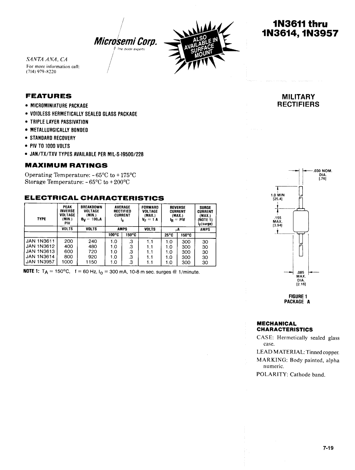 Microsemi Corporation 1N3957, 1N3611, 1N3614, 1N3613, 1N3612 Datasheet