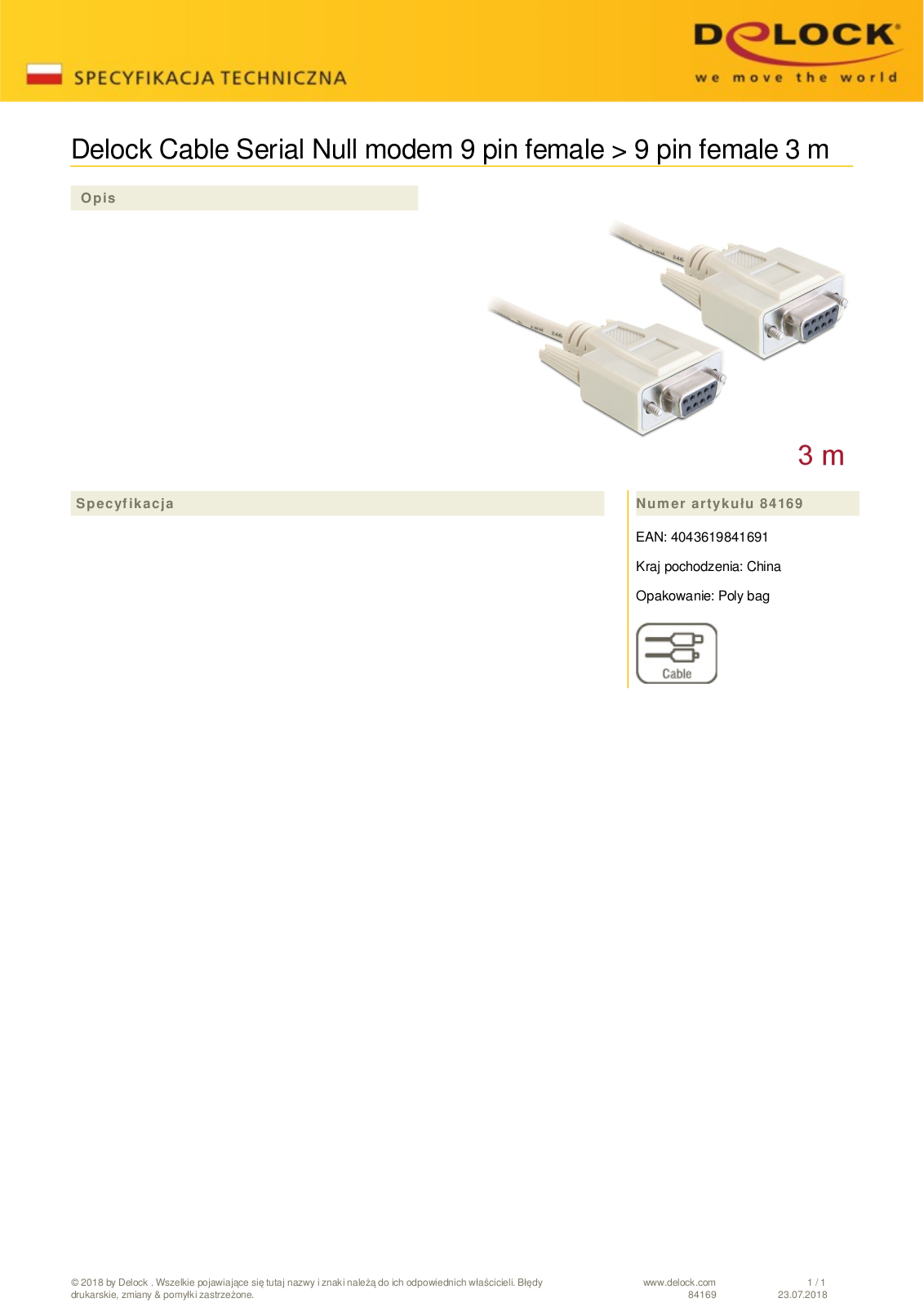 DeLOCK null modem cable 9-pin on 9-pin, 3m User Manual