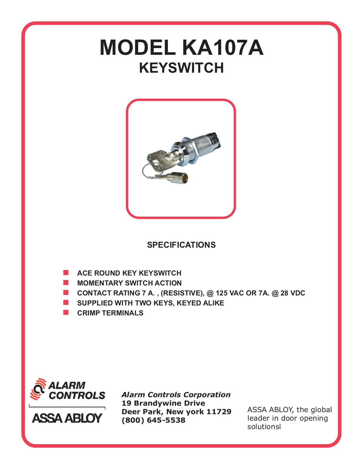 Alarm Controls KA-107A Specsheet