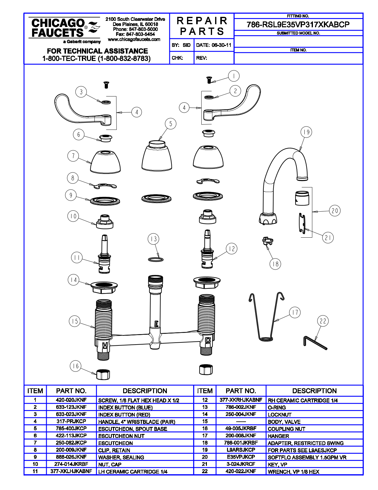 Chicago Faucet 786-RSL9E35VP317XKAB Parts List