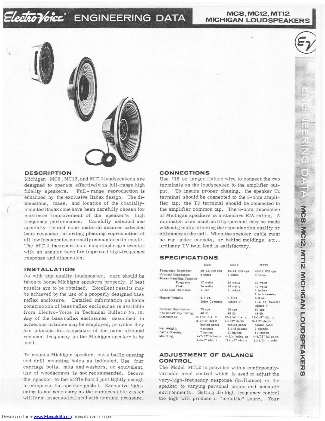 Electro-Voice Michigan MC12, Michigan MC8, Michigan MT12 Engineering Data