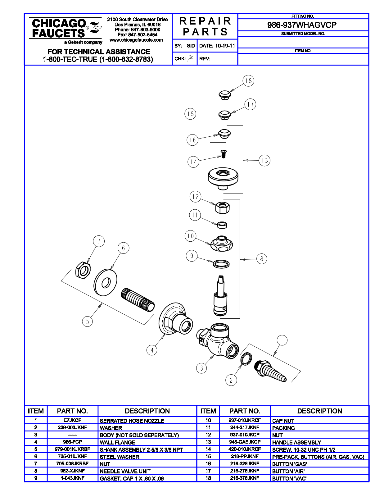 Chicago Faucet 986-937WHAGV Parts List