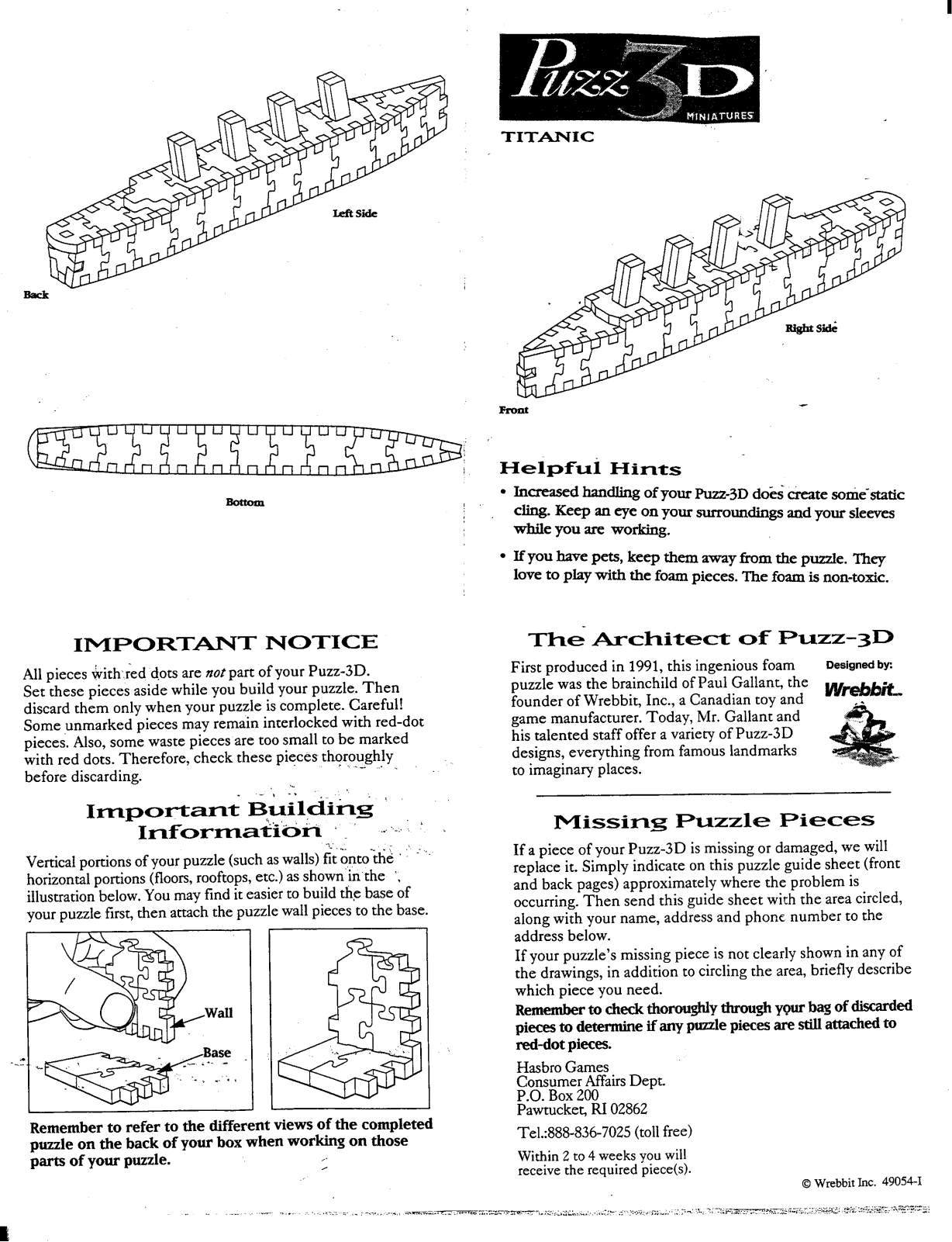 HASBRO 3D Miniature Titanic User Manual