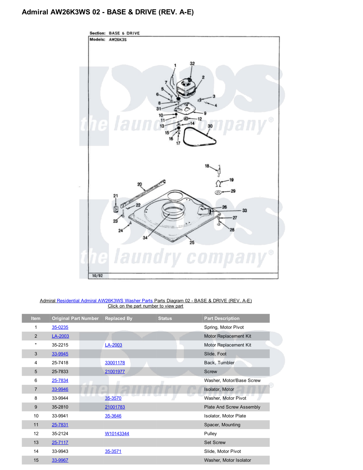 Admiral AW26K3WS Parts Diagram