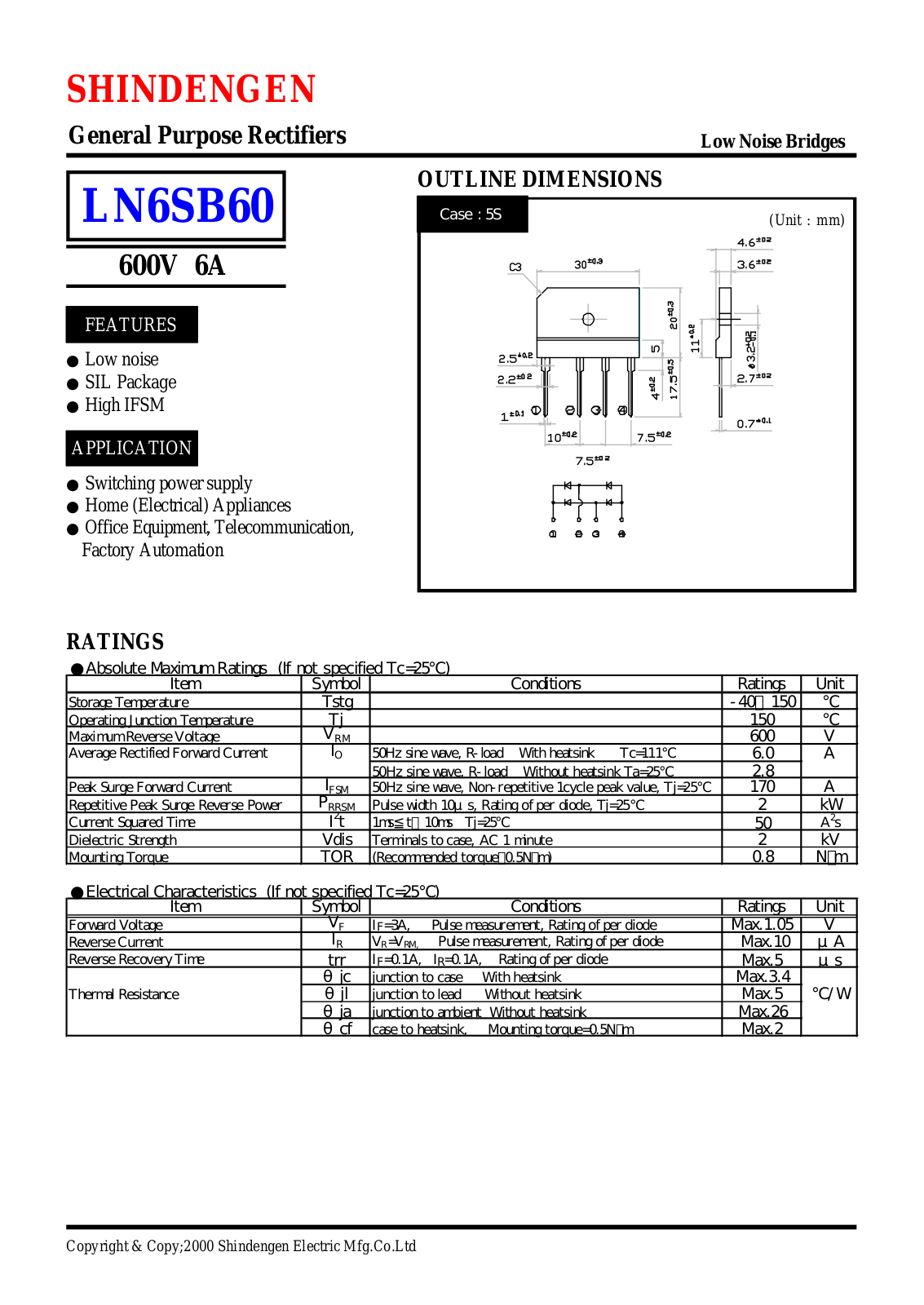 Shindengen Electric Manufacturing Company Ltd LN6SB60 Datasheet