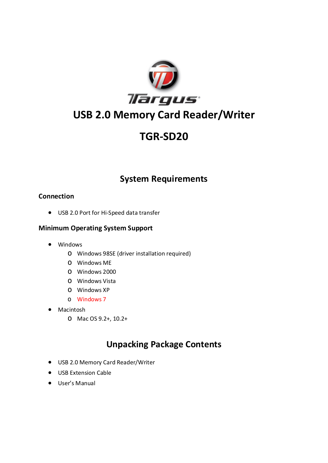 Targus TGRSD20 User Manual