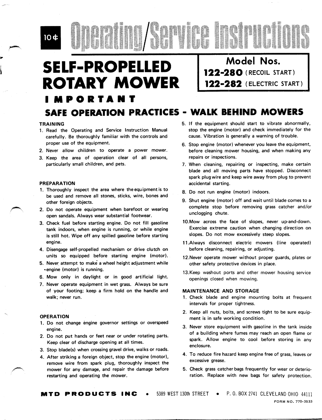 MTD 122-282, 122-280 User Manual