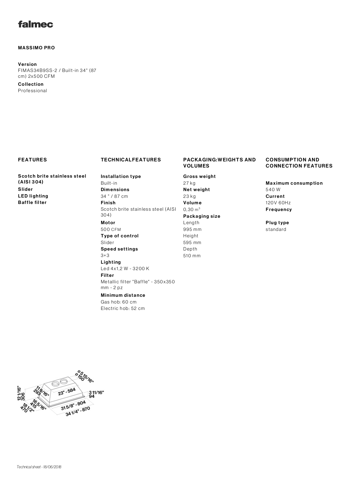 Falmec FIMAS34B9SS2 Specifications