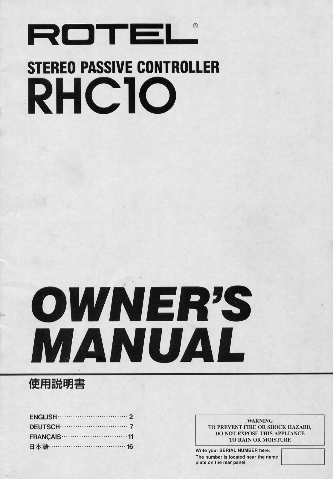 Rotel RHC-10 Owners manual