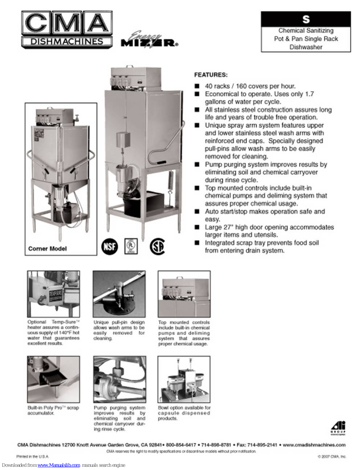 CMA Dishmachines S-AH, Energy Mizer S Specifications