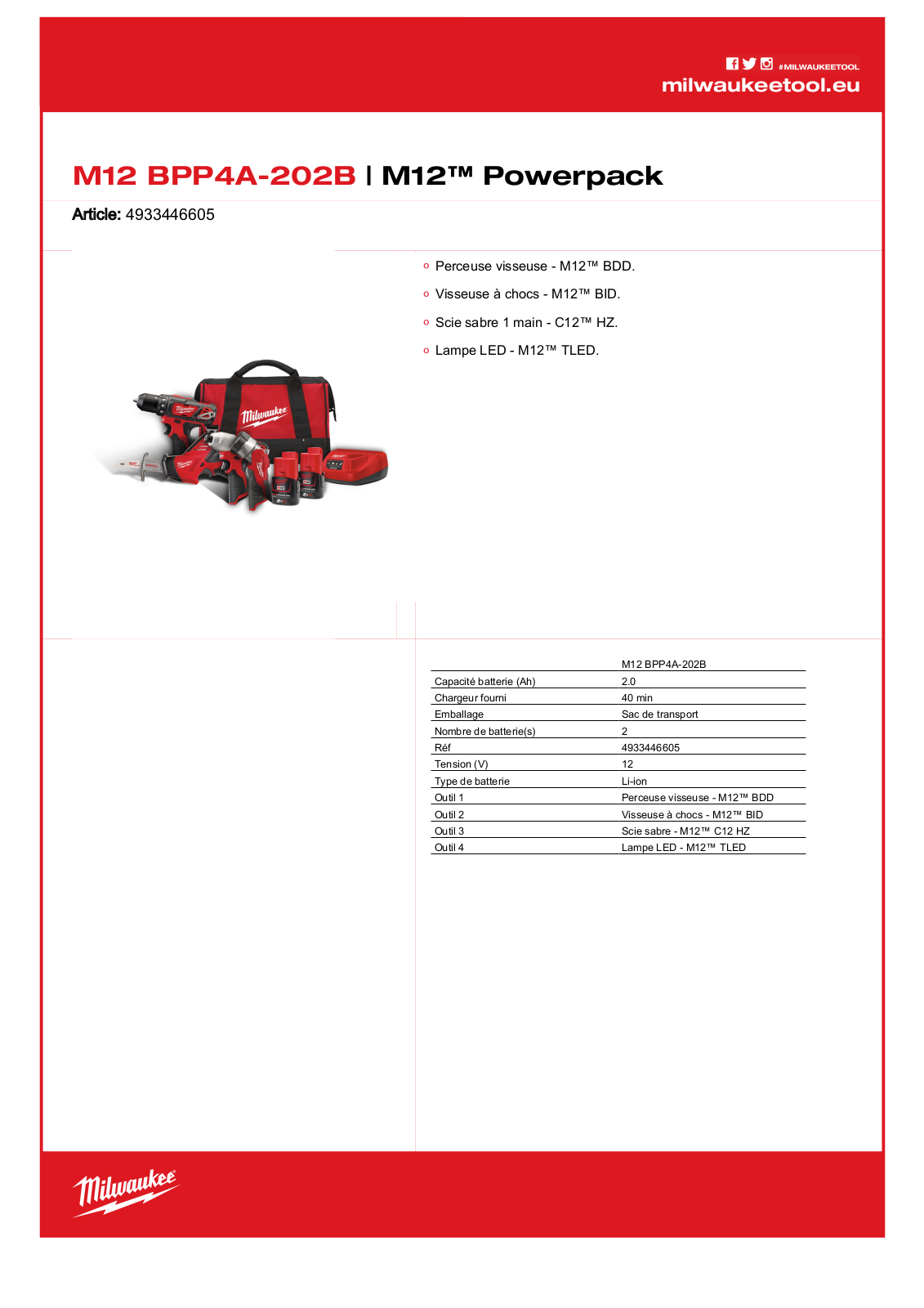 Milwaukee M12 BPP4A-202B, 4933446605 Specification - ManualMachine.com