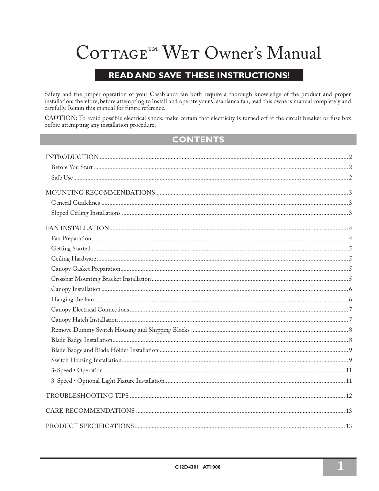 Casablanca Fan Company c12d4301 User Manual