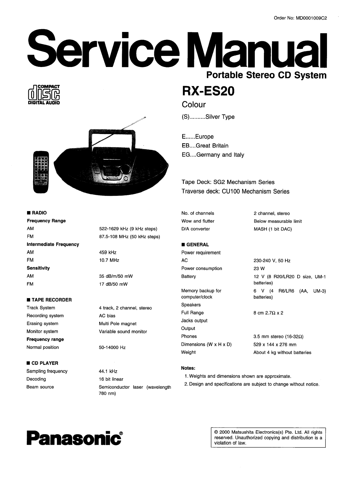 Panasonic RXES-20 Service manual