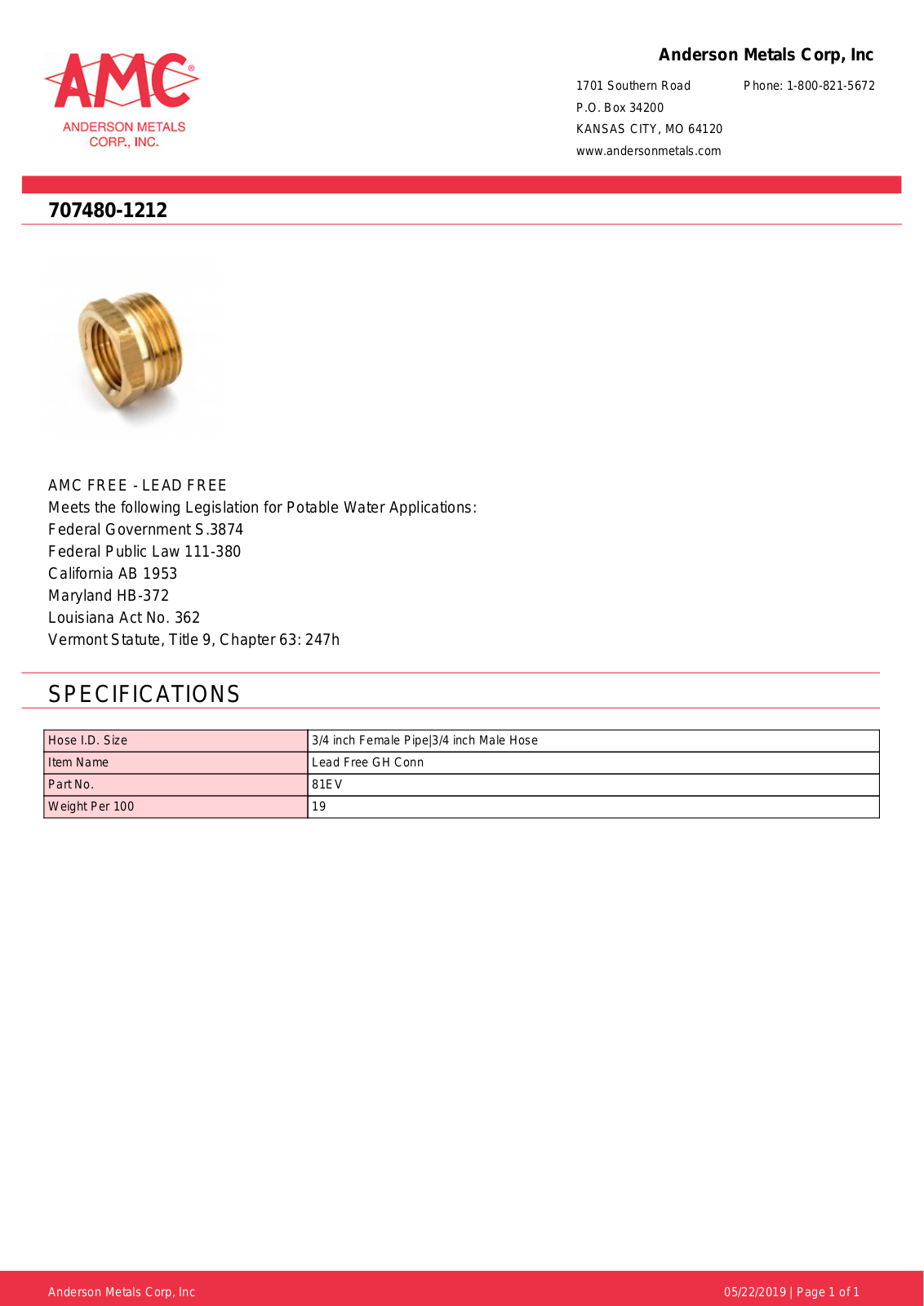 Anderson Metals 707480-1212 User Manual