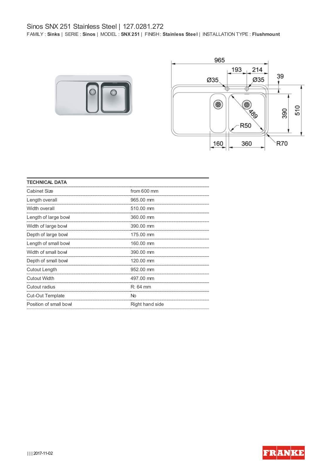 Franke SNX251LHD, SNX251RHD Specifications Sheet