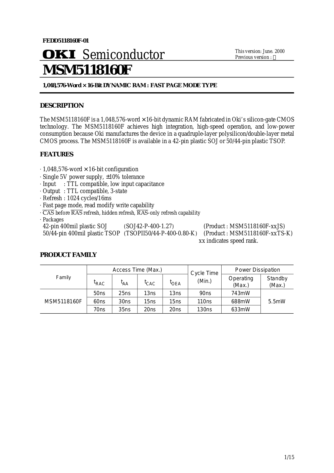 OKI MSM5118160F-60JS, MSM5118160F-60TS-K, MSM5118160F-70JS, MSM5118160F-50JS Datasheet