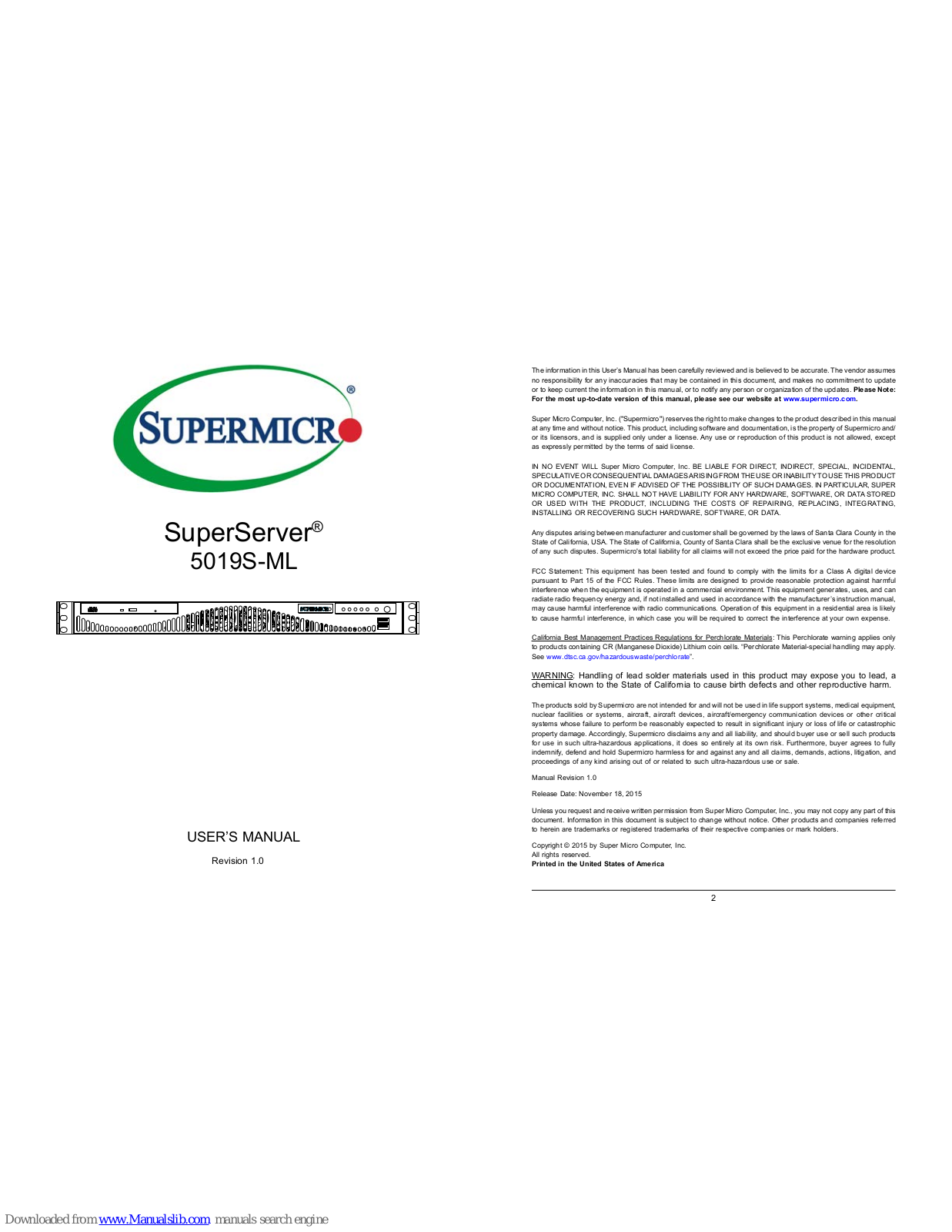 Supermicro superserver 5019S-ML User Manual