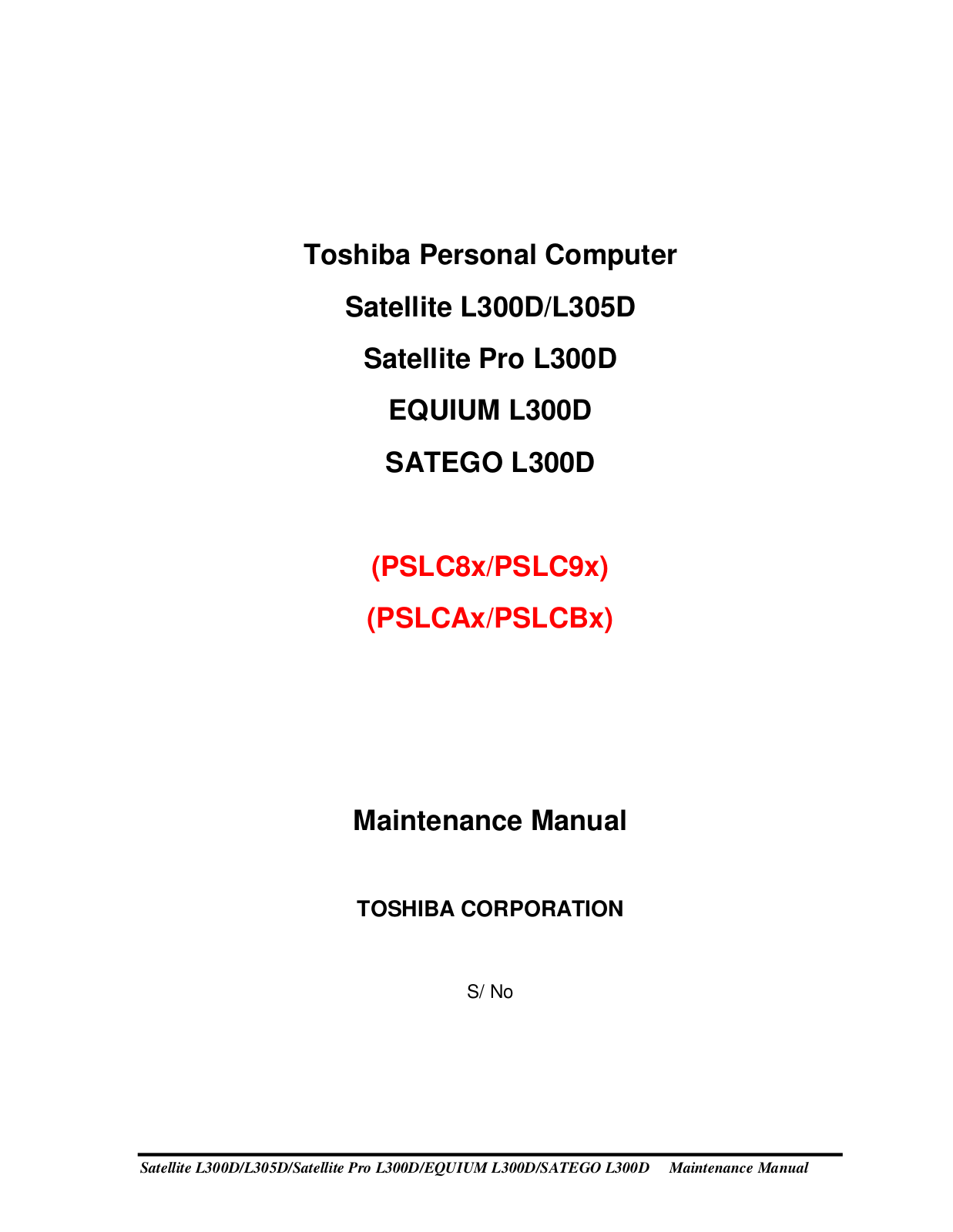 Toshiba equium l300d, satego l300d, satellite l300d, satellite l305d, satellite pro l300d Service Manual