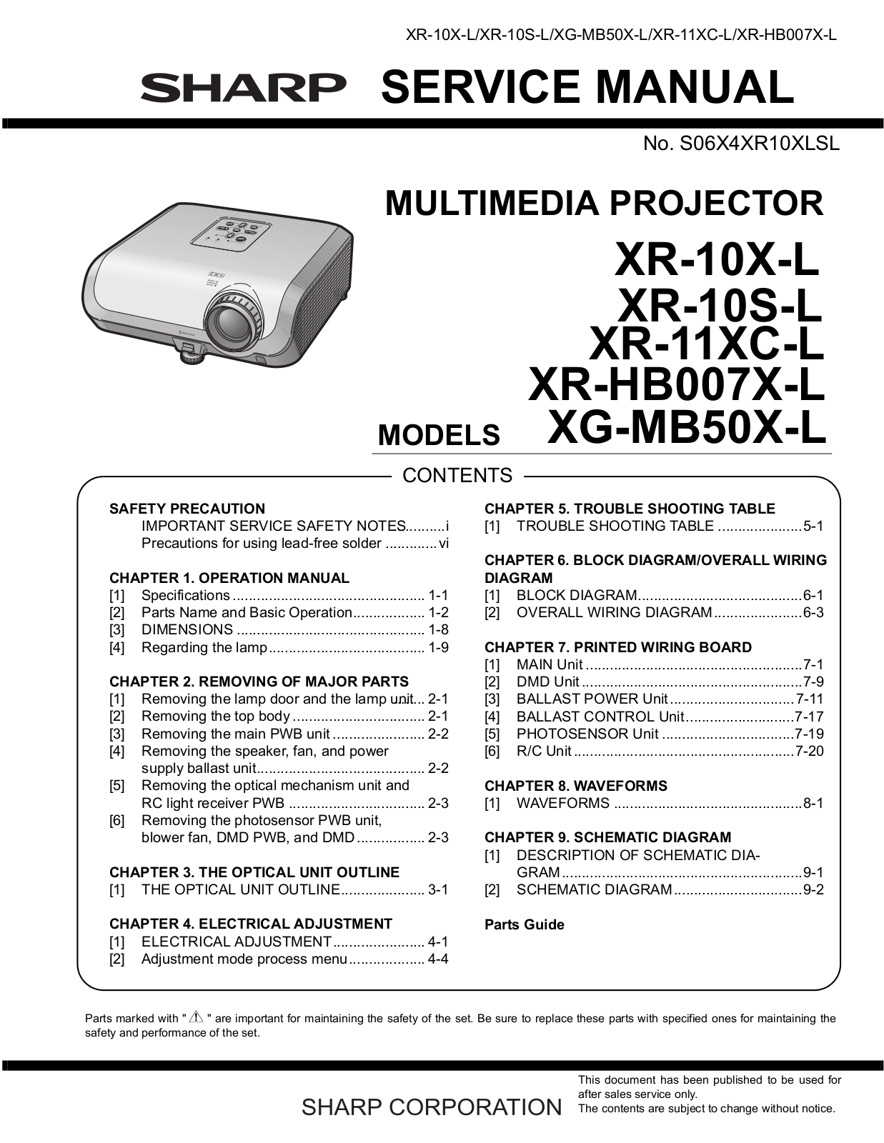 Sharp XR10XL, XR-10S-L, XR-11XC-L, XR-HB007X-L, XG-MB5 Service Manual