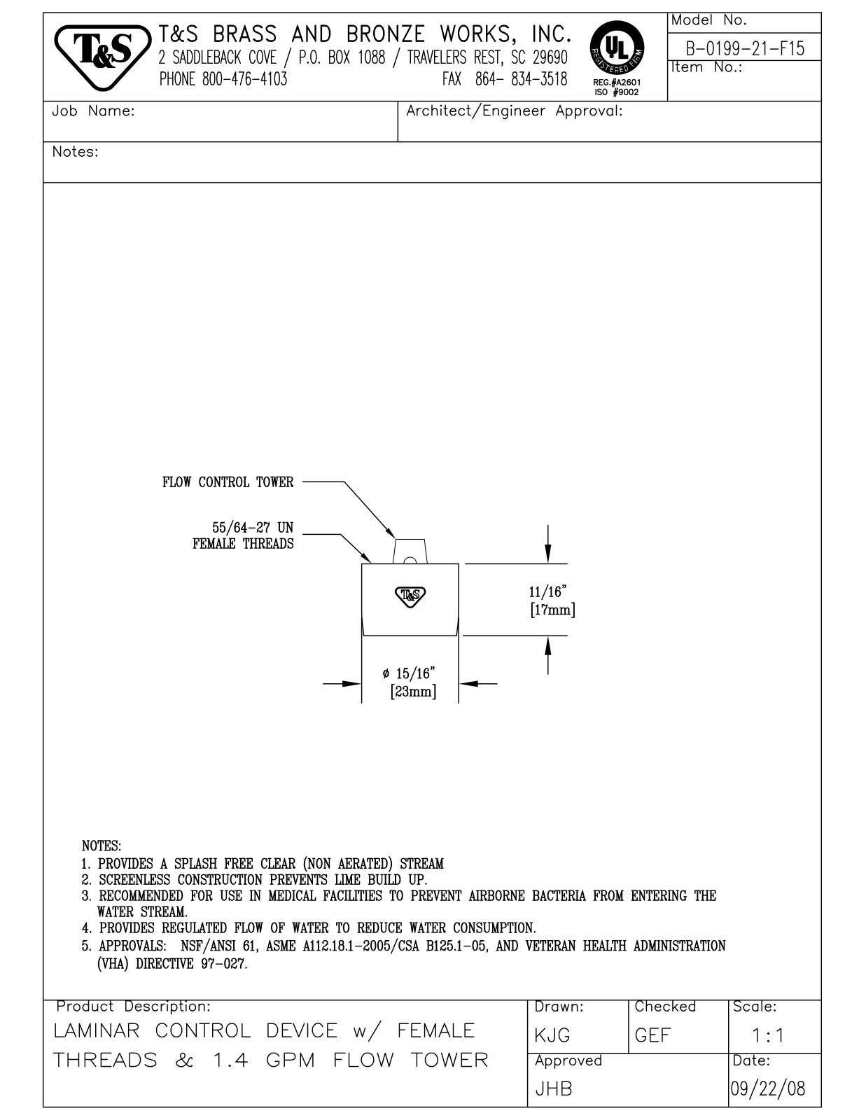 T&S Brass B-0199-21-F15 User Manual