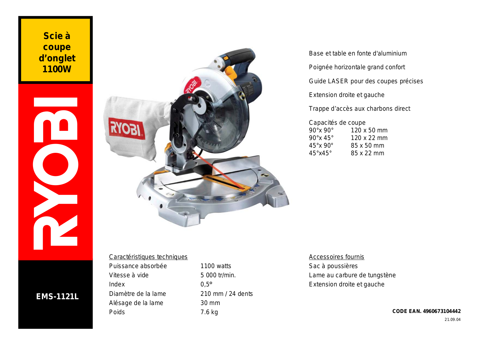 Ryobi EMS-1121L DATASHEET