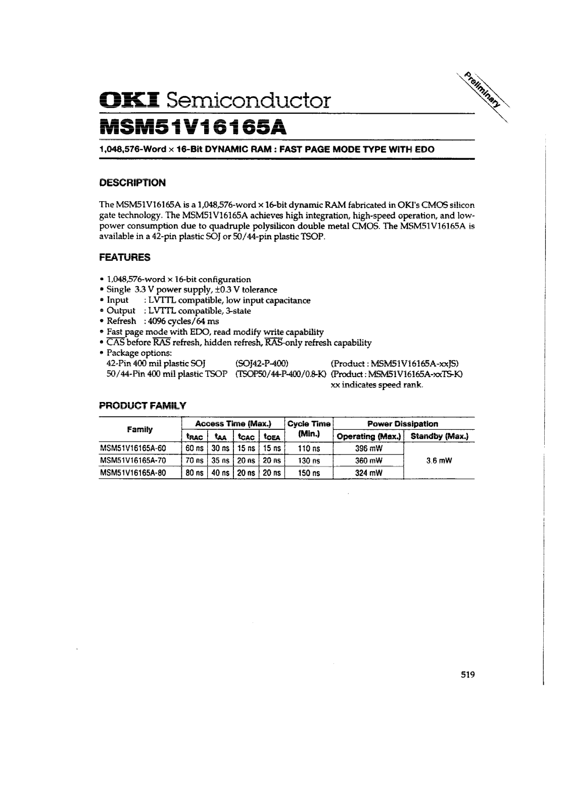 OKI MSM51V16165A-70TS-K, MSM51V16165A-60TS-K, MSM51V16165A-80JS, MSM51V16165A-70JS, MSM51V16165A-80TS-K Datasheet