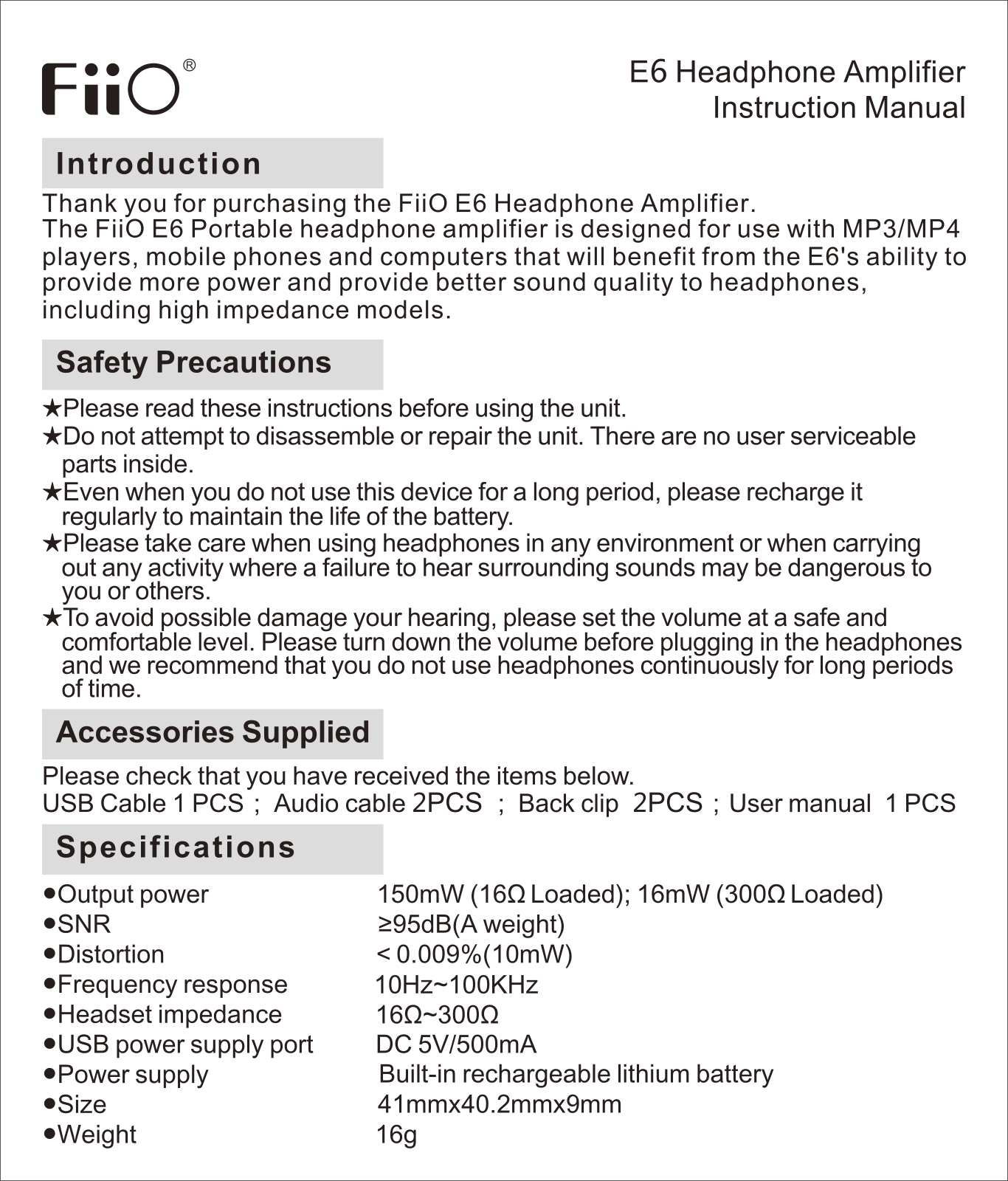 Fiio E6 User Manual