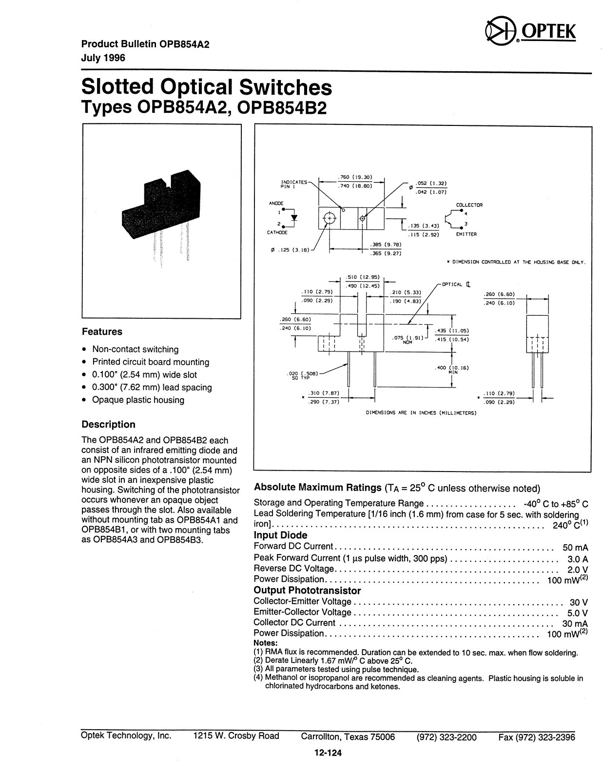 OPTEK OPB854B2, OPB854A2 Datasheet