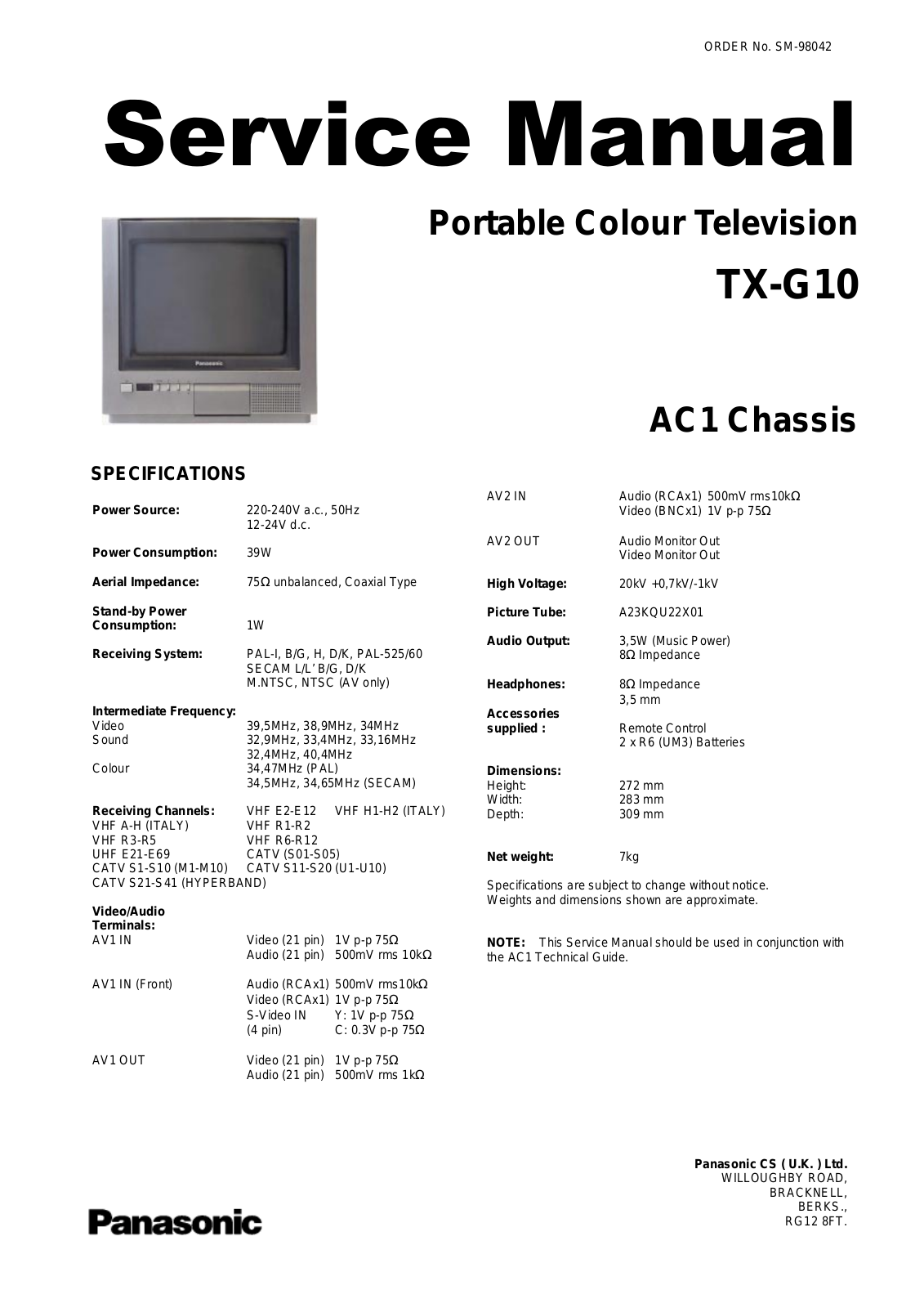 Panasonic TX-G10 Service Manual