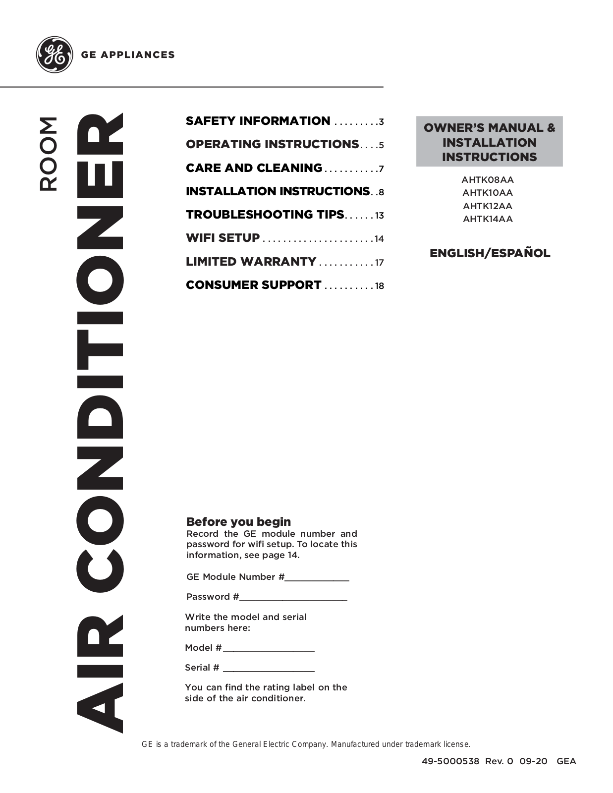 GE AHTK08AA, AHTK10AA, AHTK12AA, AHTK14AA Owner’s Manual & Installation Instructions