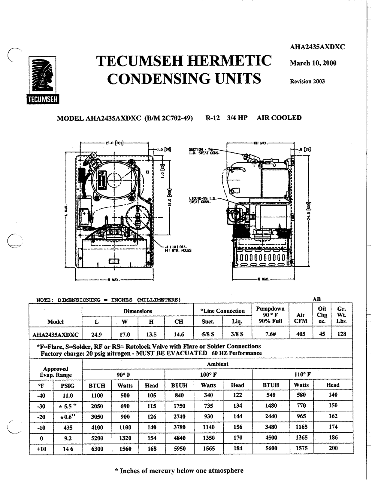 Tecumseh AHA2435AXDXC Performance Data Sheet