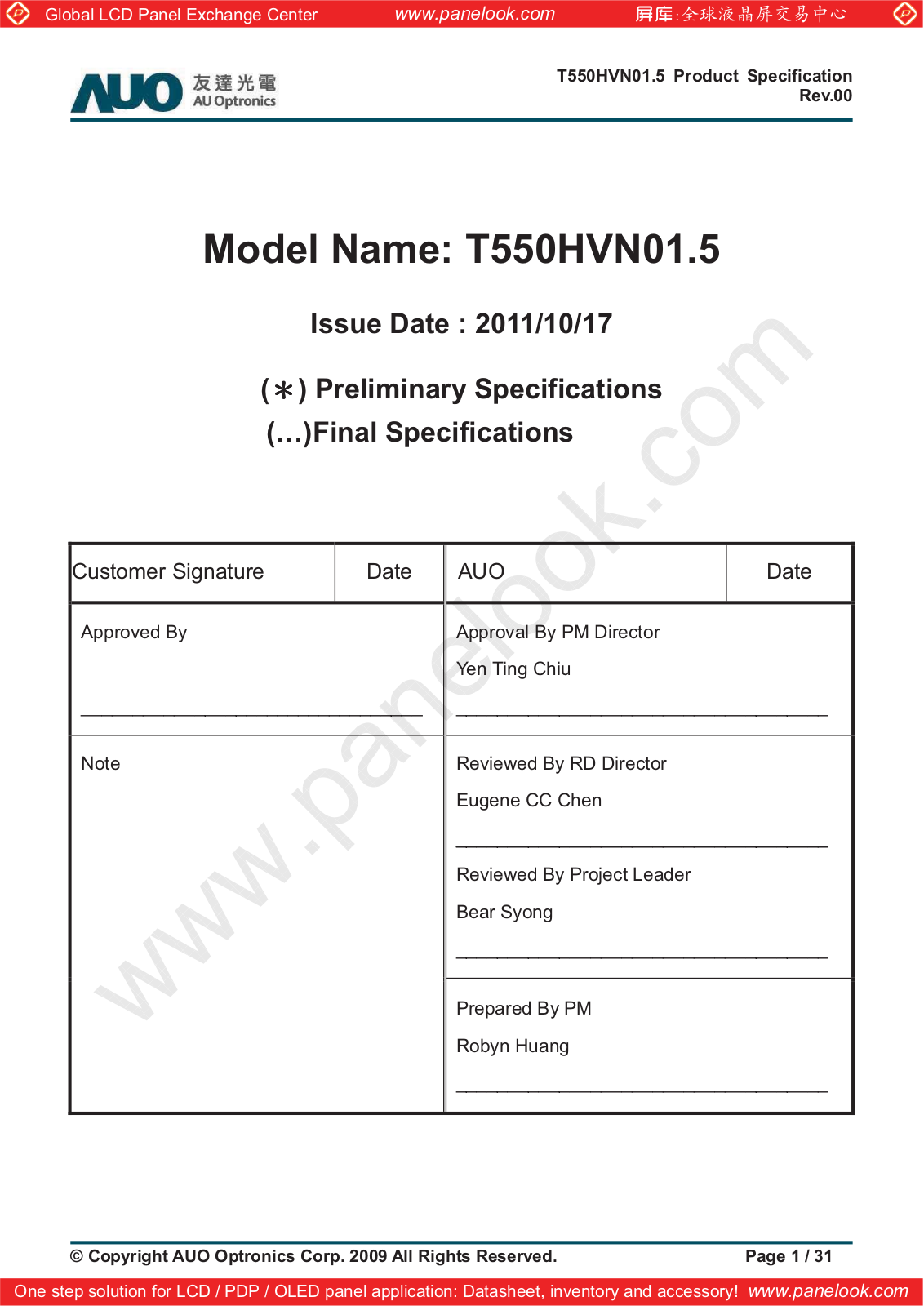 AUO T550HVN01.5 Specification - ManualMachine.com
