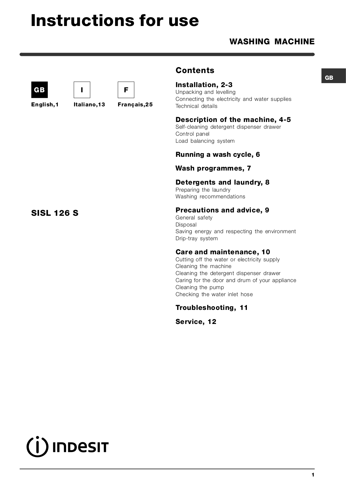 Indesit SISL126S User Manual