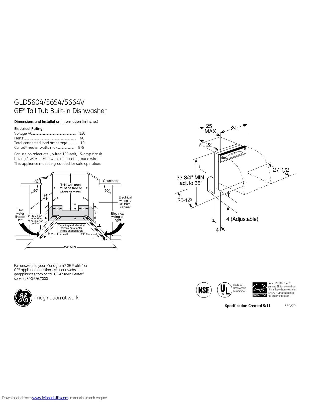 GE GLD5654VCS, GLD5664VSS, GLD5654V, GLD5664V Dimensions And Installation Information