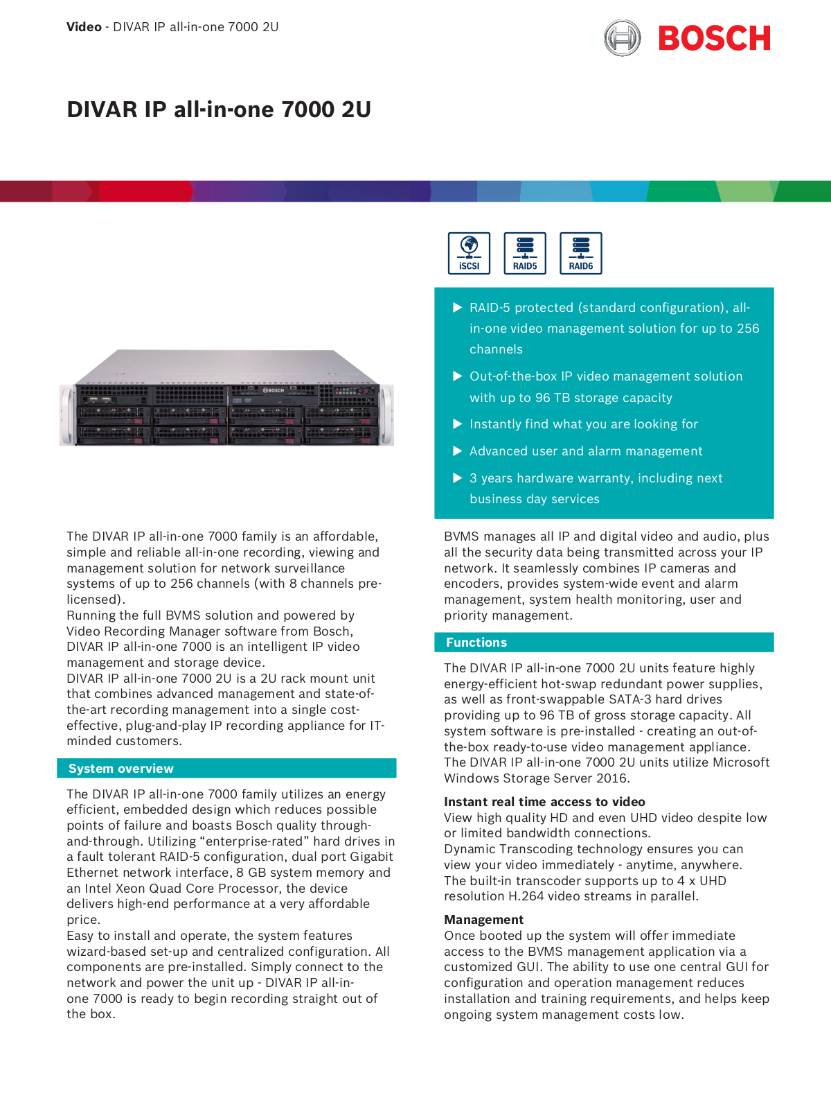 Bosch DIVAR IP all-in-one 7000 2U Datasheet