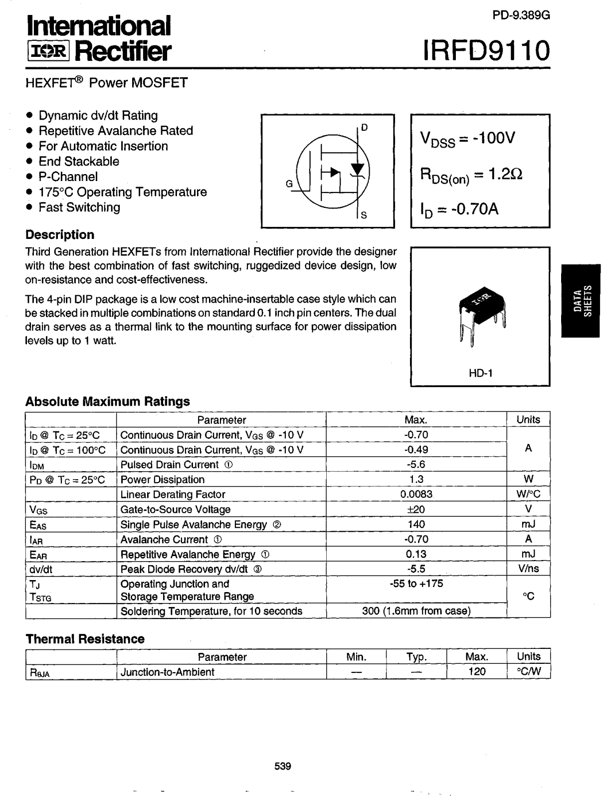 International Rectifier IRFD9110 Datasheet